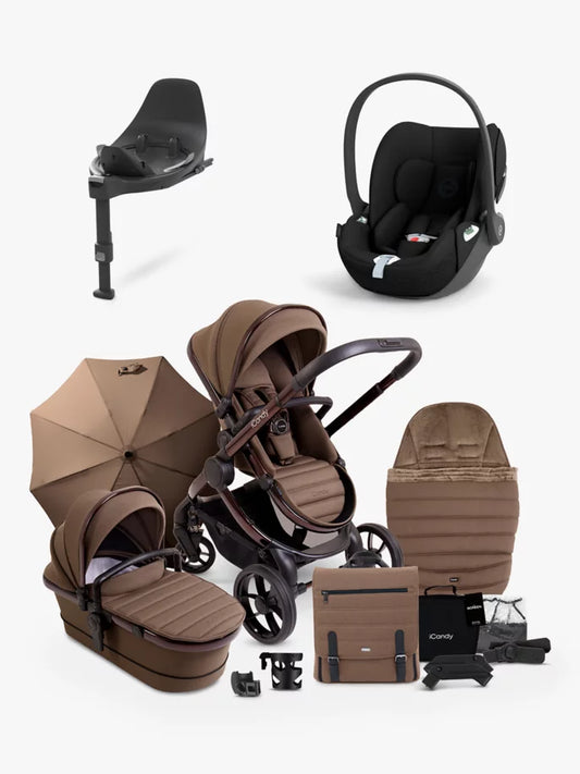 iCandy Peach 7 Pushchair & Accessories with Cybex Cloud T Baby Car Seat and Base T Bundle, Coco/Deep Black