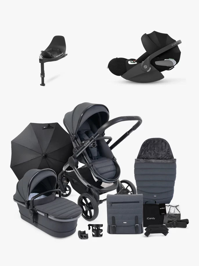 iCandy Peach 7 Pushchair & Accessories with Cybex Cloud T Baby Car Seat and Base T Bundle, Grey /Deep Black