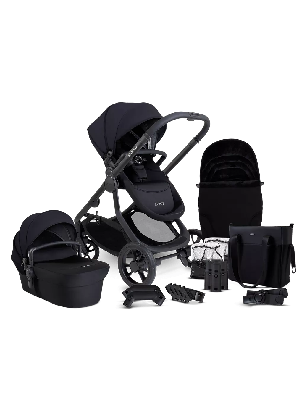 iCandy Orange 4 Pushchair, Carrycot and Accessories Complete Bundle Jet Black Edition