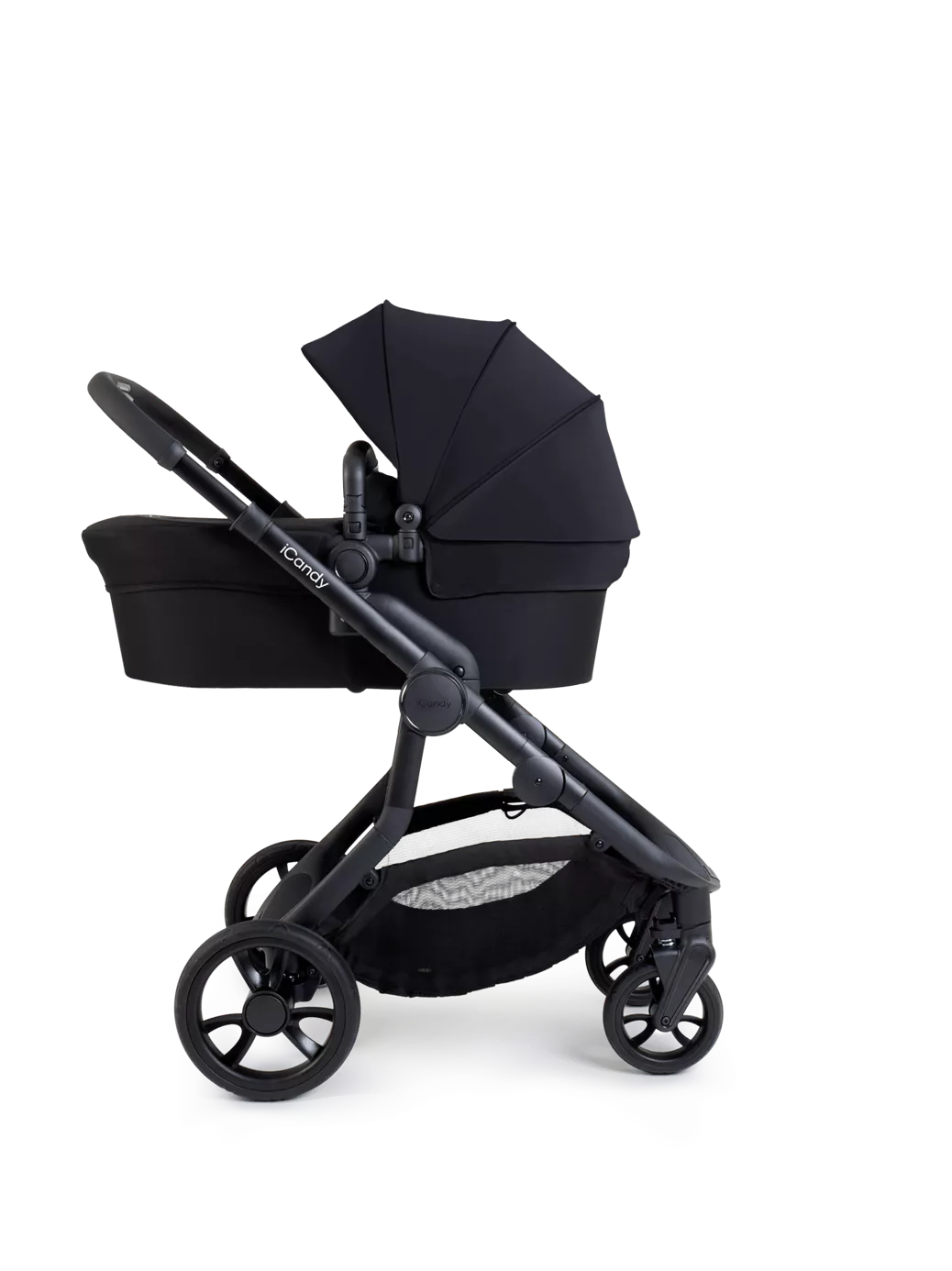 iCandy Orange 4 Pushchair, Carrycot and Accessories Complete Bundle Jet Black Edition