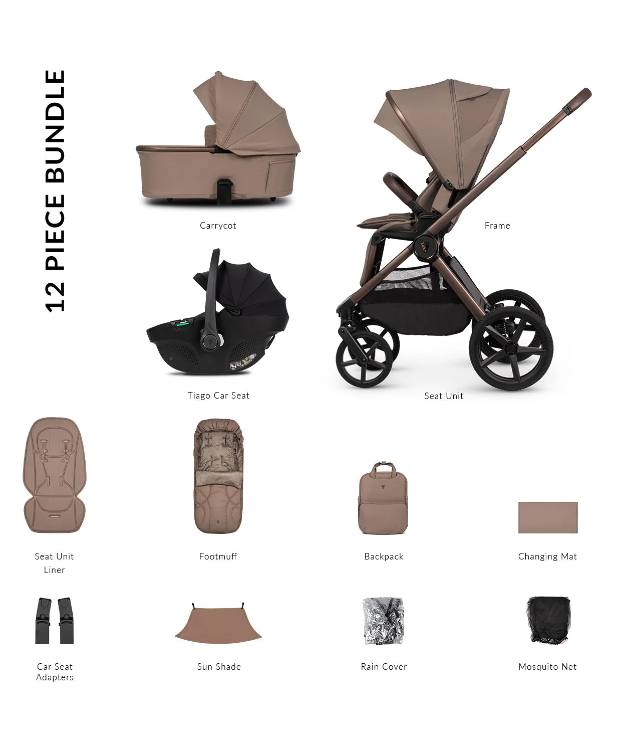 Venicci Upline3 Travel System  3 in 1 with 12 Piece Comfort Bundle Sand Black Car Seat