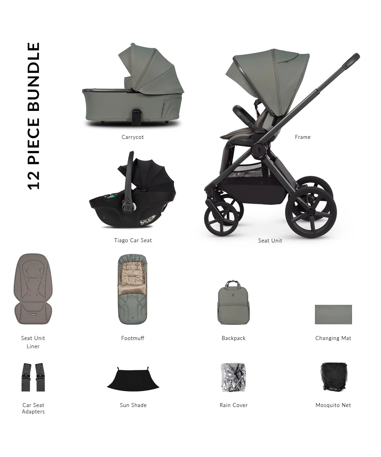Venicci Upline3 Travel System  3 in 1 with 12 Piece Comfort Bundle Aloe Black Car Seat