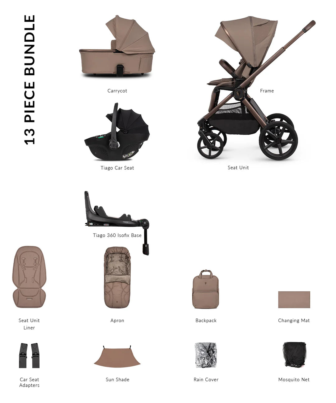 Venicci Upline3 Travel System Inc Tiago Car Seat & 360 Base 13 Piece Luxury Bundle - Sand Black Car Seat