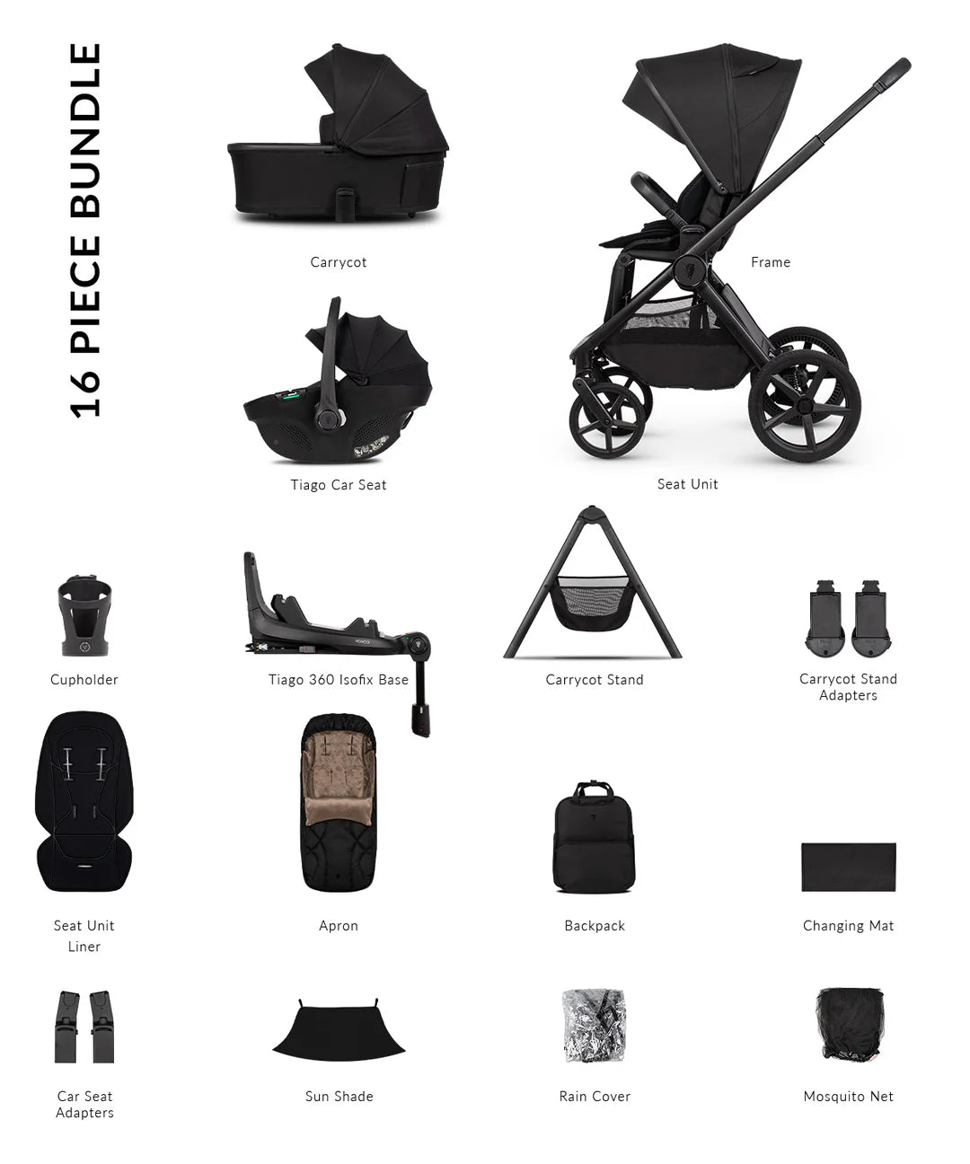 Venicci Upline3 Travel System Inc Tiago Car Seat & 360 Base 16 Piece Ultimate Bundle - Onyx Black Car Seat