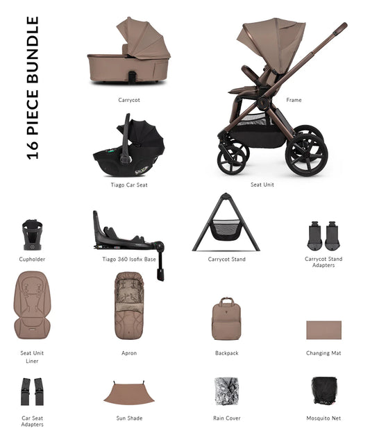 Venicci Upline3 Travel System Inc Tiago Car Seat & 360 Base 16 Piece Ultimate Bundle - Sand Beige Car Seat