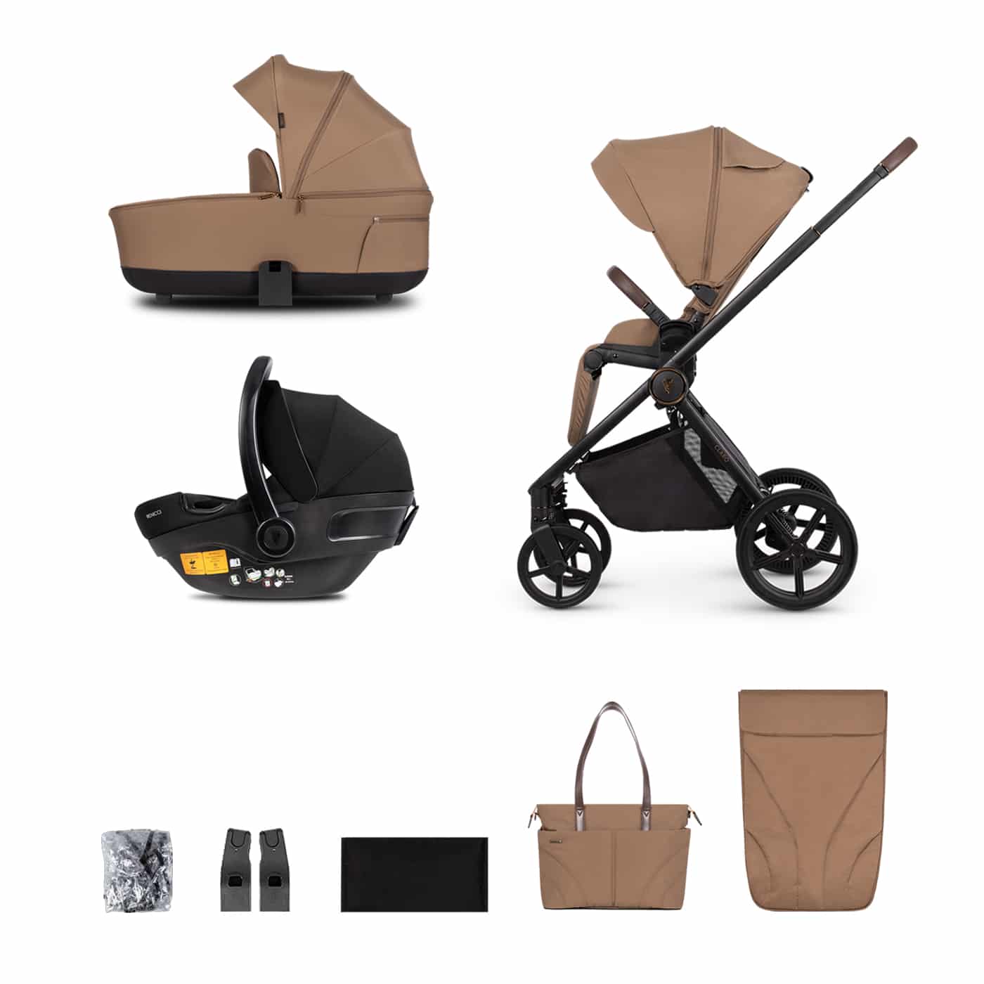 Venicci Claro 3-in-1 Travel System Bundle With Pushchair, Carrycot And Engo Car Seat Caramel