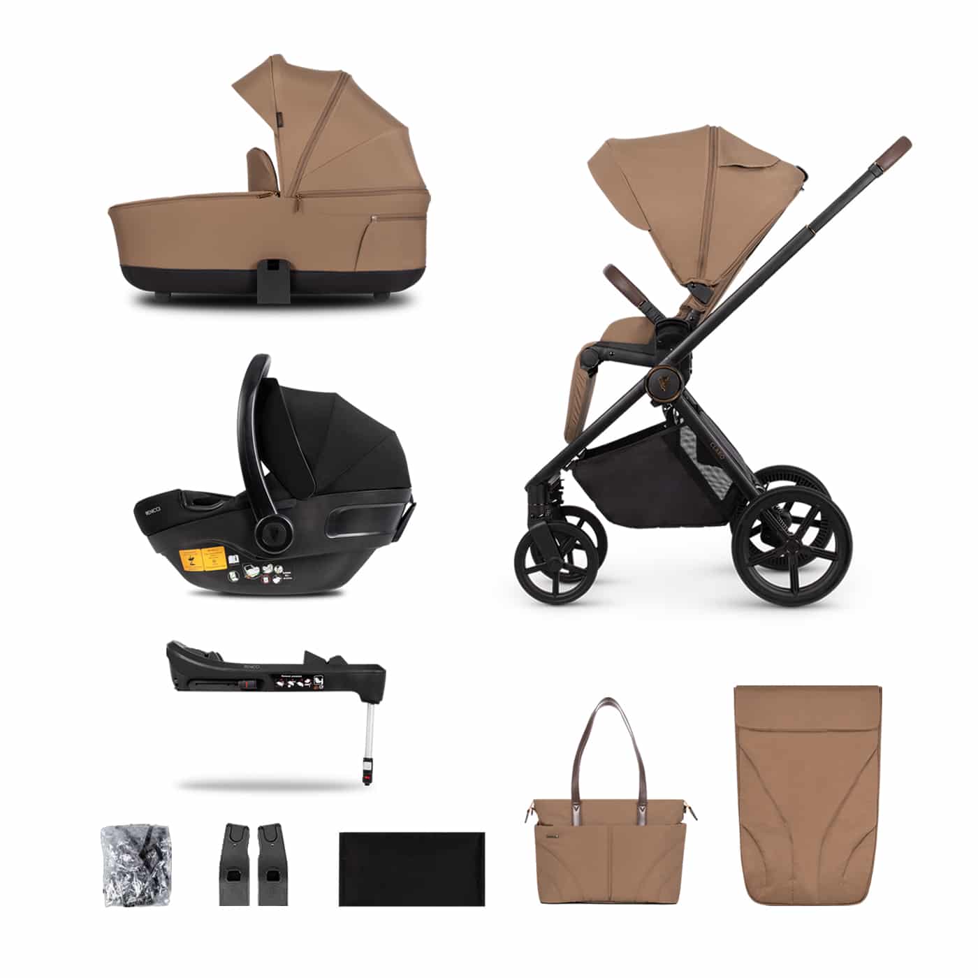 Venicci Claro 3-in-1 Plus Travel System Bundle With Pushchair, Carrycot, Engo Car Seat And Engo ISOFIX Base Caramel