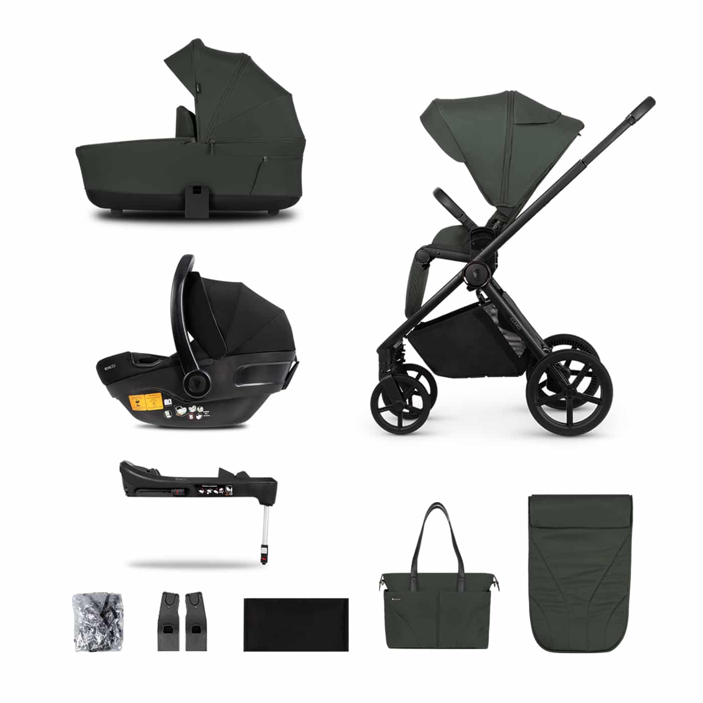 Venicci Claro 3-in-1 Plus Travel System Bundle With Pushchair, Carrycot, Engo Car Seat And Engo ISOFIX Base Forest