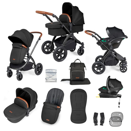 Ickle bubba Stomp Luxe All in One Premium i-Size Travel System with ISOFIX Base *Midnight  - Tan handle