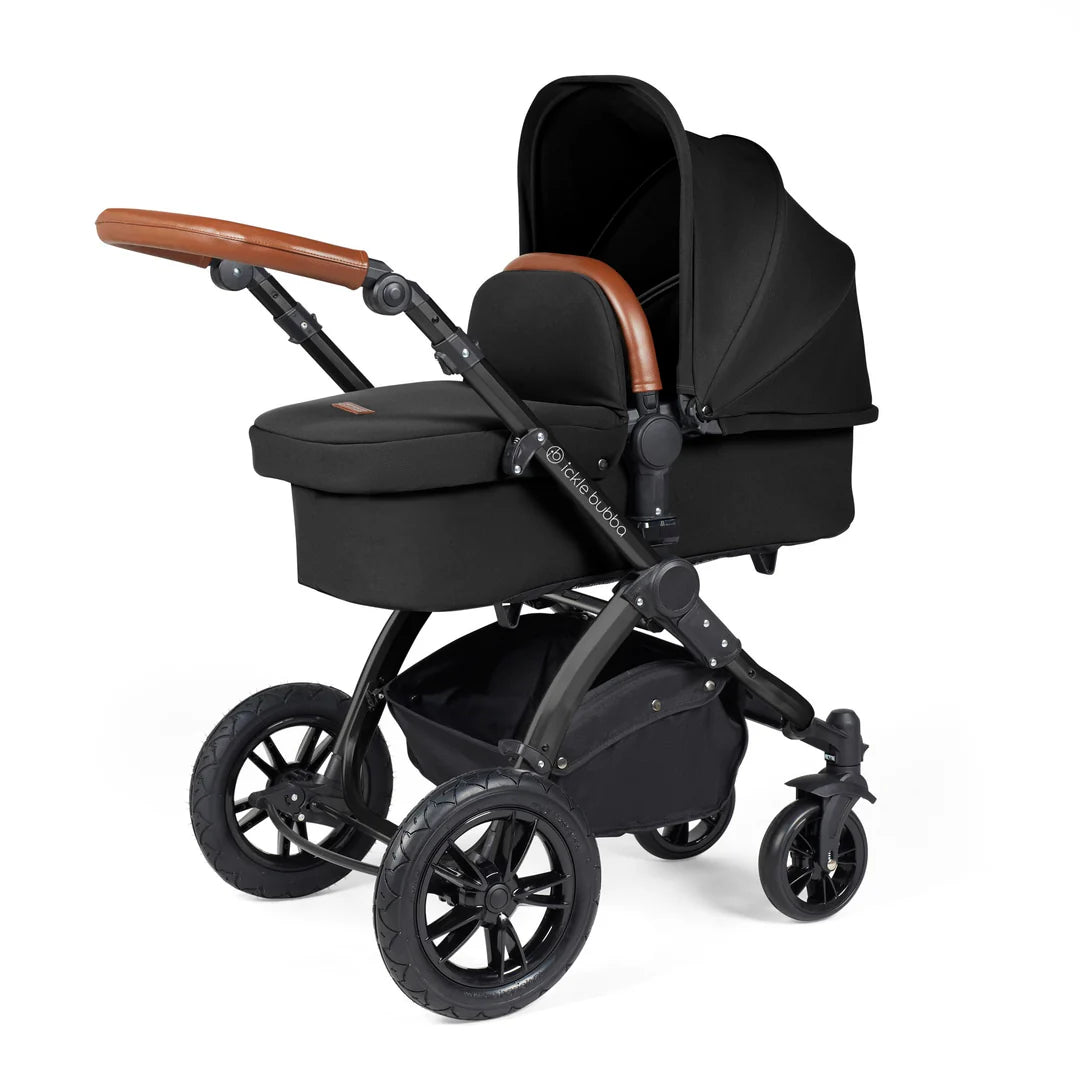 Ickle bubba Stomp Luxe All in One Premium i-Size Travel System with ISOFIX Base *Midnight  - Tan handle