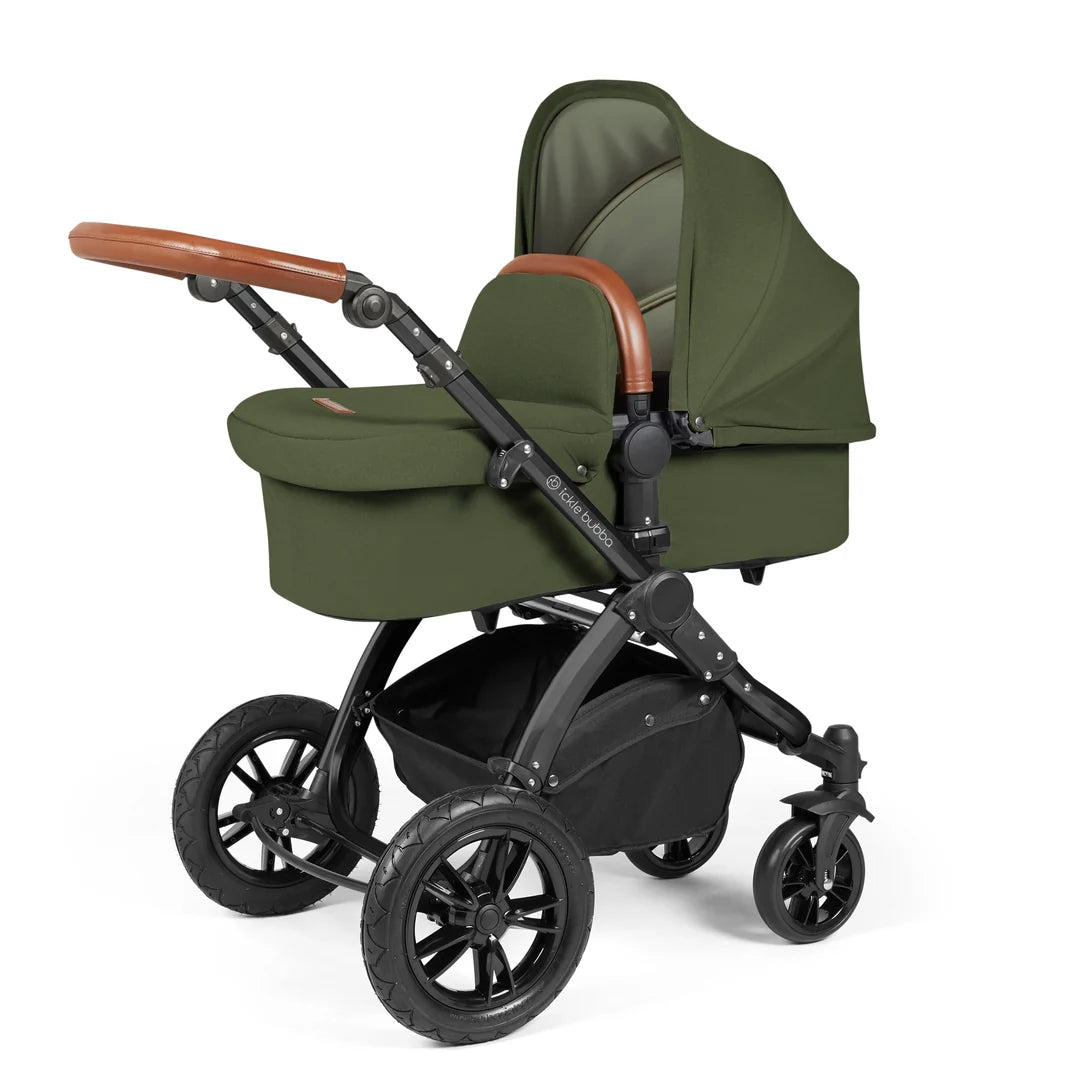 Ickle bubba Stomp Luxe All in One Premium i-Size Travel System with ISOFIX Base Woodland  - Tan handle Black Frame