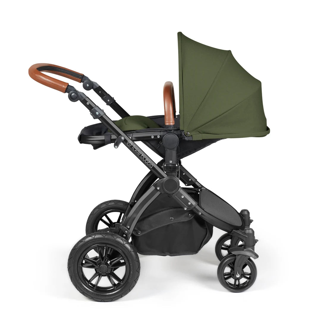 Ickle bubba Stomp Luxe All in One Premium i-Size Travel System with ISOFIX Base Woodland  - Tan handle Black Frame