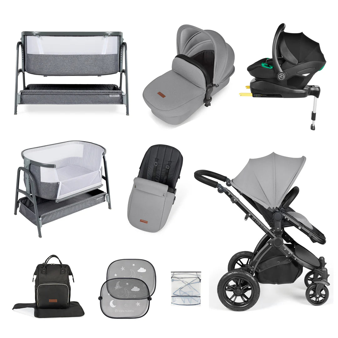 Ickle Bubba Stomp Luxe Travel System & Home 14 Piece Bundle Pearl Grey /Black Chassis/Black handle