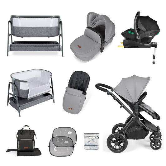 Ickle Bubba Stomp Luxe Travel System & Home 14 Piece Bundle Pearl Grey /Black Chassis/Black handle