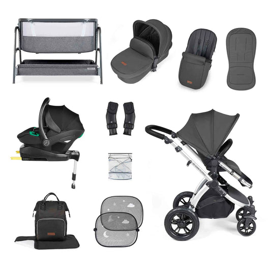 Ickle Bubba Stomp Luxe Travel System & Home 14 Piece Bundle Charcoal Grey /Silver Chassis/Black handle
