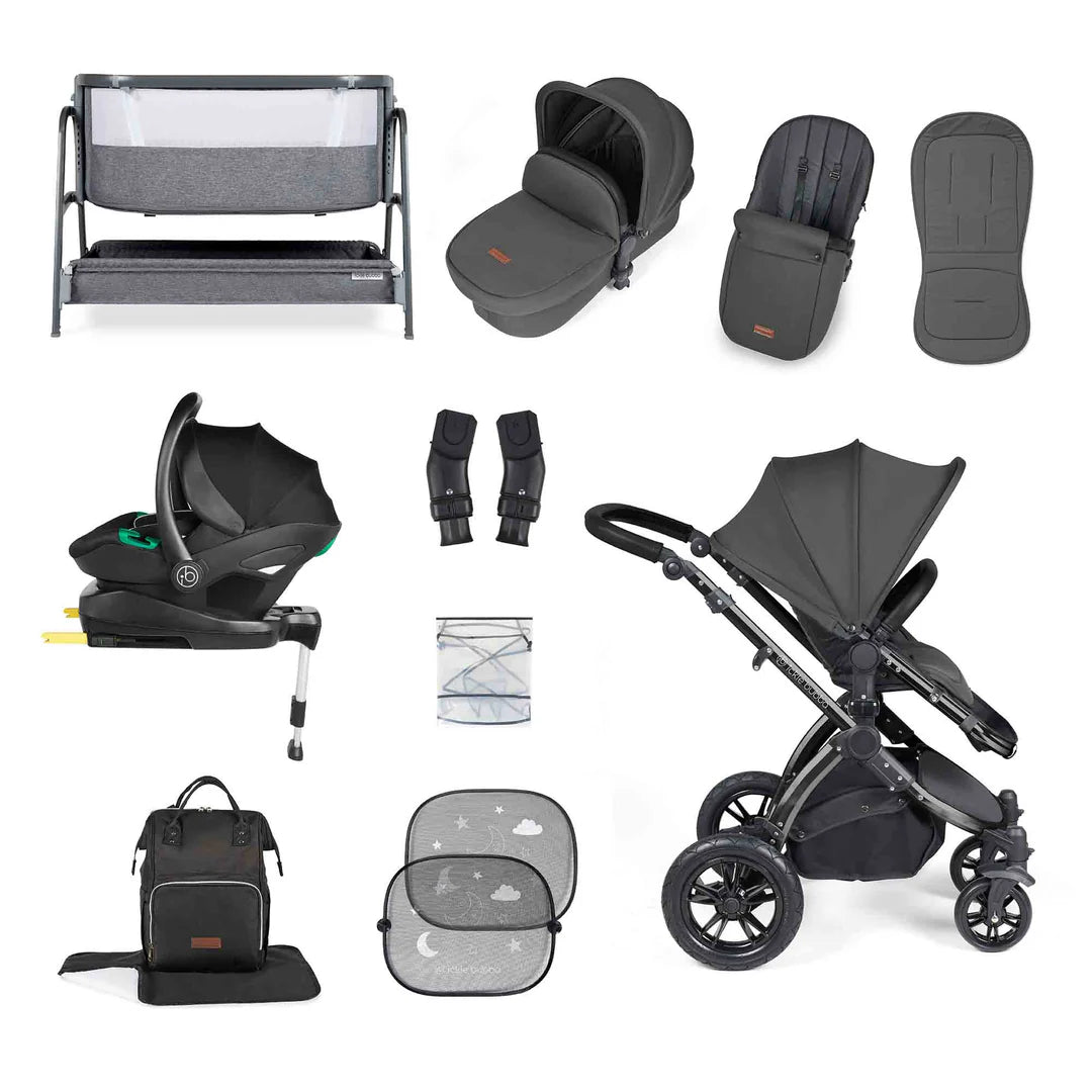 Ickle Bubba Stomp Luxe Travel System & Home 14 Piece Bundle Charcoal Grey /Black Chassis/Black handle