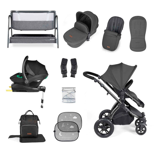 Ickle Bubba Stomp Luxe Travel System & Home 14 Piece Bundle Charcoal Grey /Black Chassis/Black handle