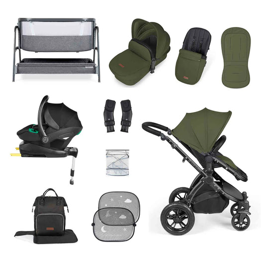 Ickle Bubba Stomp Luxe Travel System & Home 14 Piece Bundle Woodland /Black Chassis/Black handle