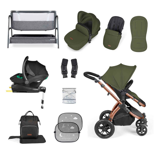 Ickle Bubba Stomp Luxe Travel System & Home 14 Piece Bundle Woodland /Bronze Chassis/Black handle