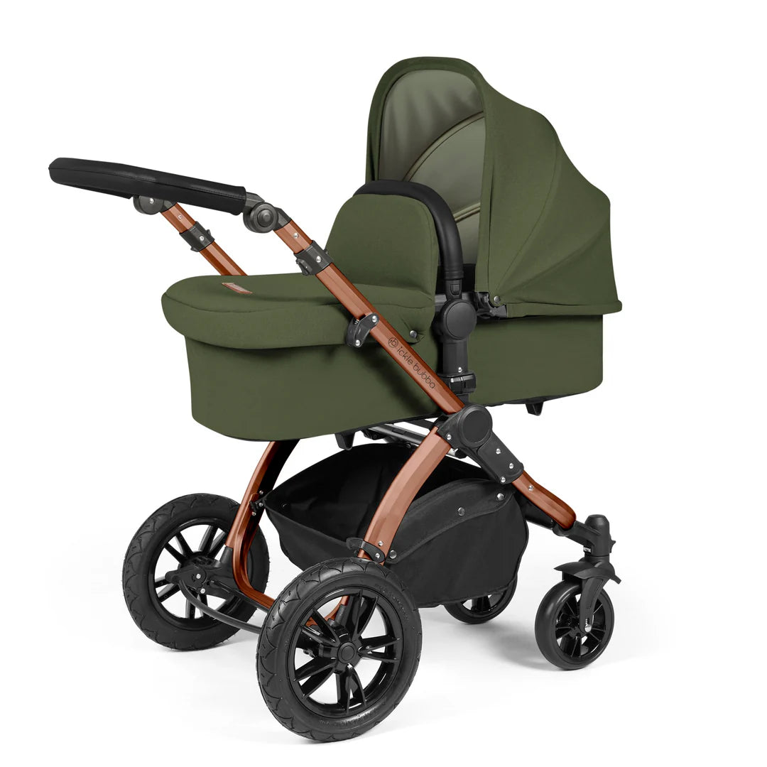 Ickle Bubba Stomp Luxe Travel System & Home 14 Piece Bundle Woodland /Bronze Chassis/Black handle