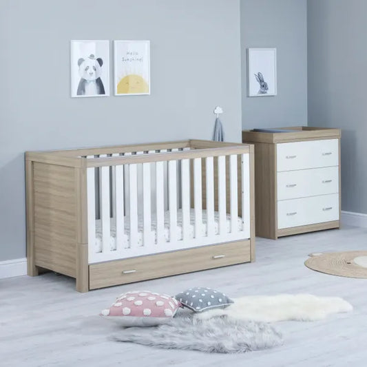 Babymore Luno 2 Piece Room Set with & Under Drawer- White and Oak