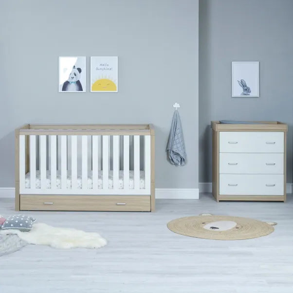 Babymore Luno 2 Piece Room Set with & Under Drawer- White and Oak