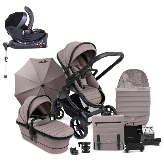 iCandy Peach 7 Pushchair, Carrycot & Accessories with Cocoon Car Seat and Base Travel Bundle, Porcini