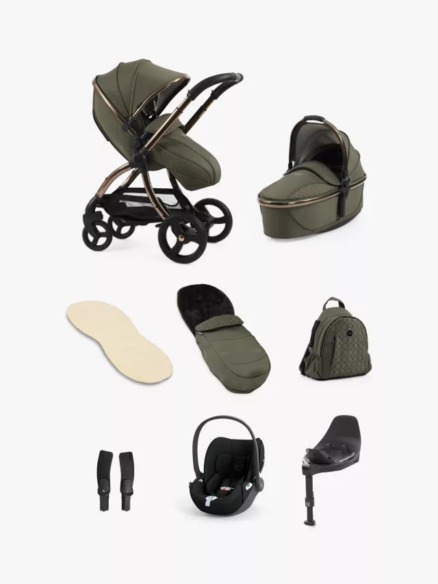 Egg 3 Pushchair, Carrycot & Accessories with Cybex Cloud T Car Seat and Base T Luxury Bundle, Hunter Green