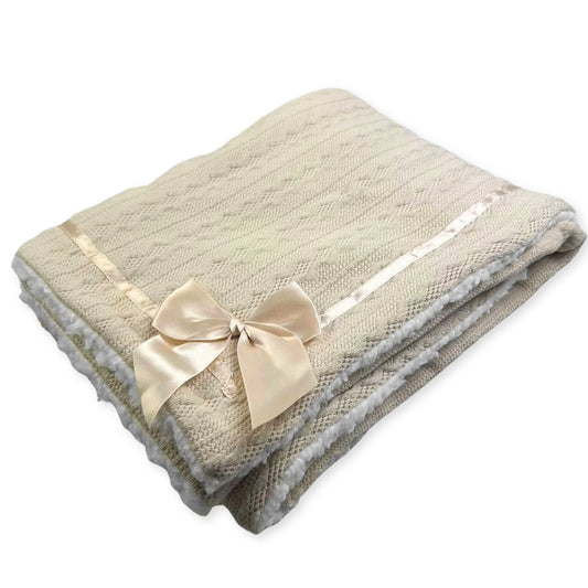 Soft Touch Cable Knitted Bow Blanket- Beige