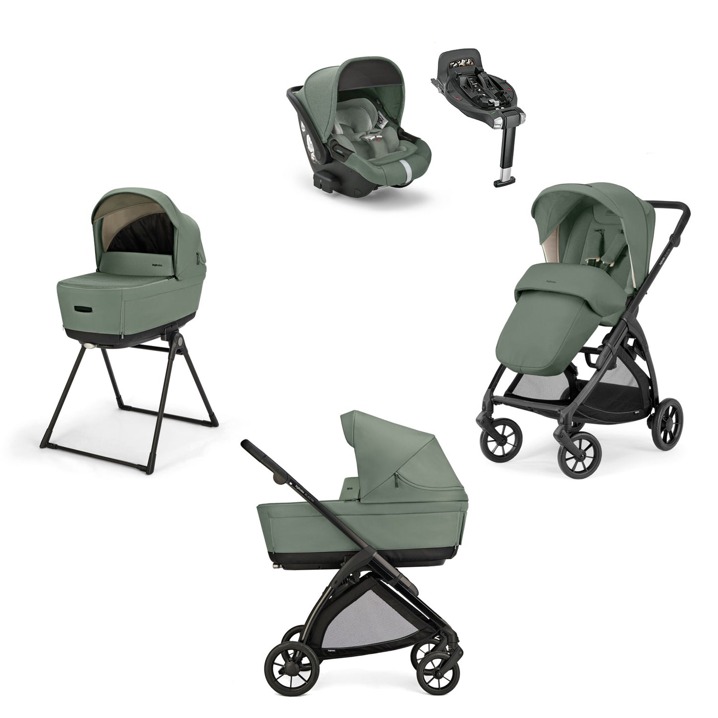 Inglesina Electa System Quattro color Murray Green, Chasis, car seat Darwin Infant Recline and 360° i-Size base