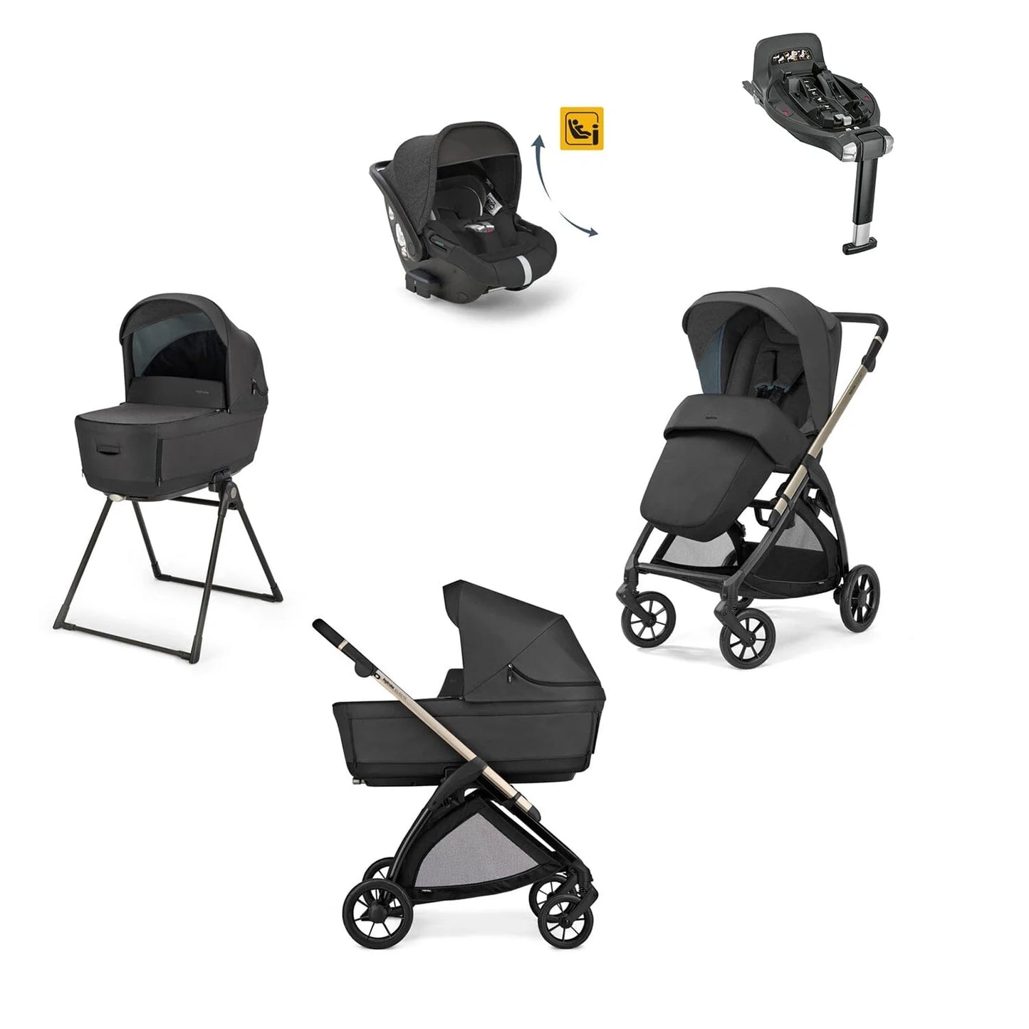 Inglesina Electa System Quattro color Upper Black, chassis, car seat Darwin Infant Recline and 360° i-Size base