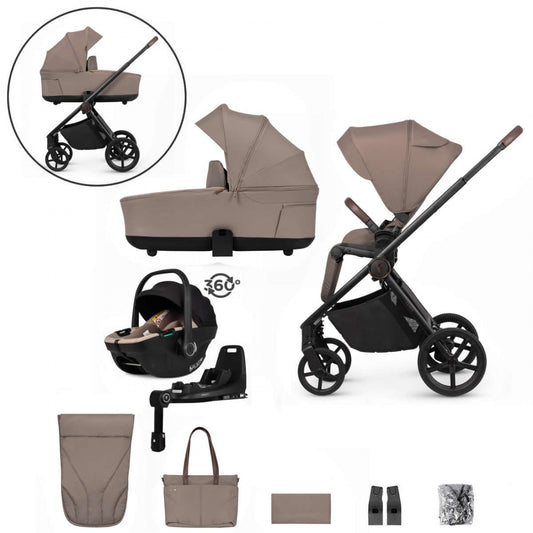 Venicci Claro 3 in 1 with Tiago 360 Beige Car Seat + Base Complete Travel System Bundle, Almond