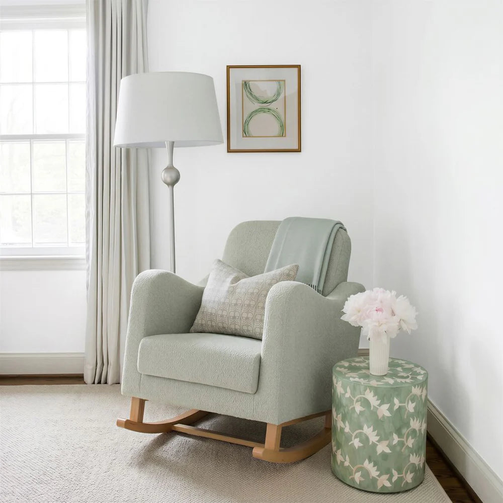 Bebe & Beyond Soother Nursing Chair + Stool – Boucle Collection Sage