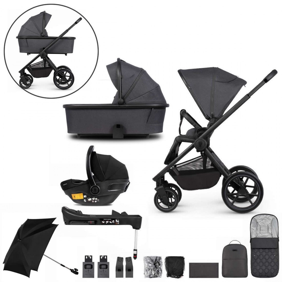 Venicci Tinum Edge 3in1 & Engo Isofix base - charcoal FREE parasol