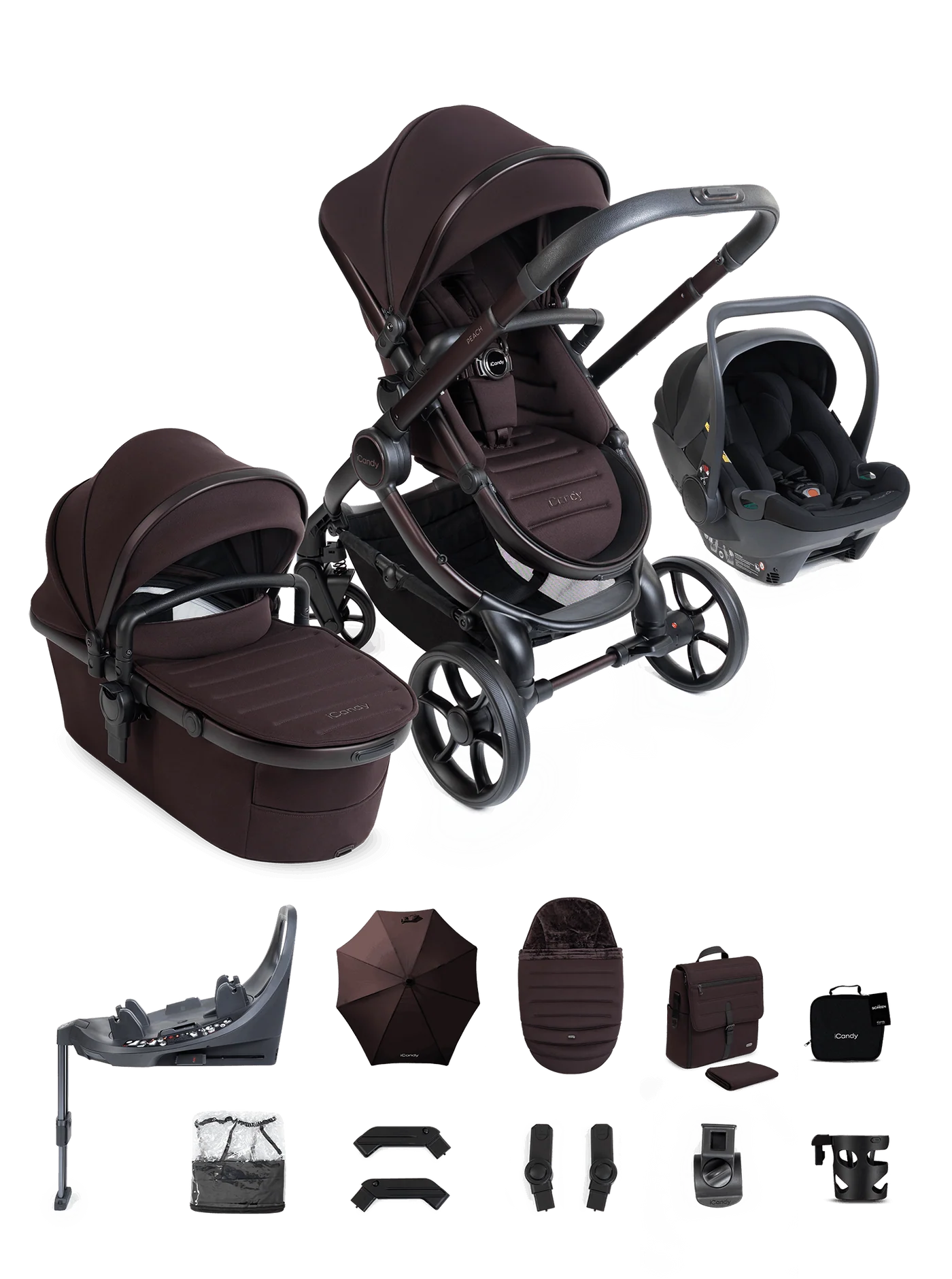 iCandy Peach 8 Coffee Bean Pushchair and Carrycot - 360 Car Seat Pushchair Bundle