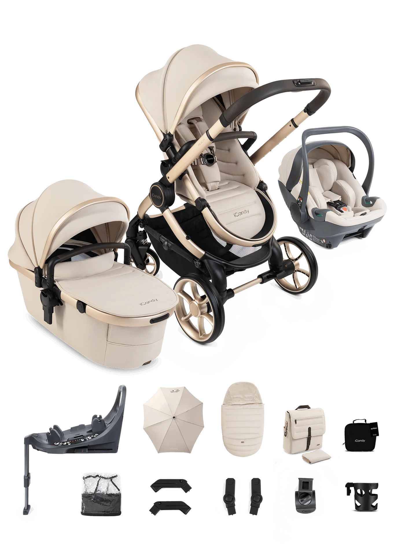 iCandy Peach 8 Biscotti Pushchair and Carrycot - 360 Car Seat Pushchair Bundle