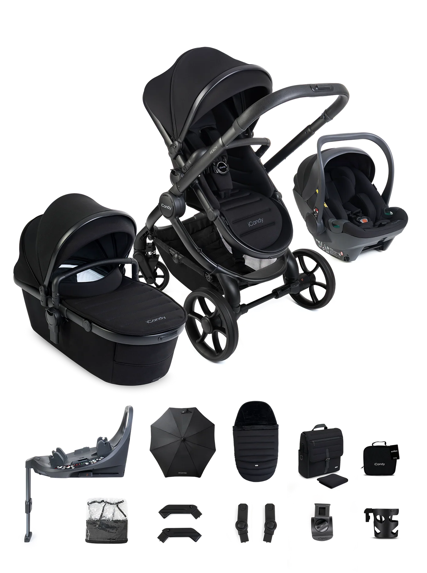 iCandy Peach 8 Black Pushchair and Carrycot - 360 Car Seat Pushchair Bundle