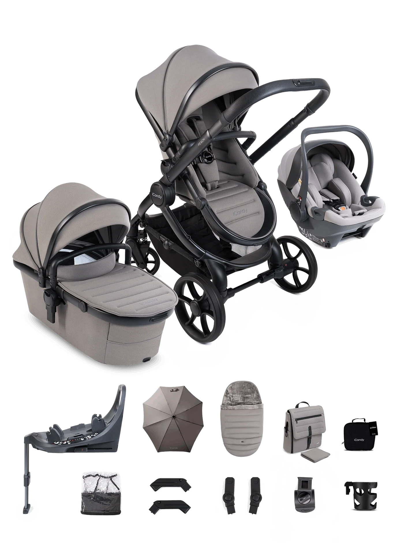 iCandy Peach 8 Porcini Pushchair and Carrycot - 360 Car Seat Pushchair Bundle