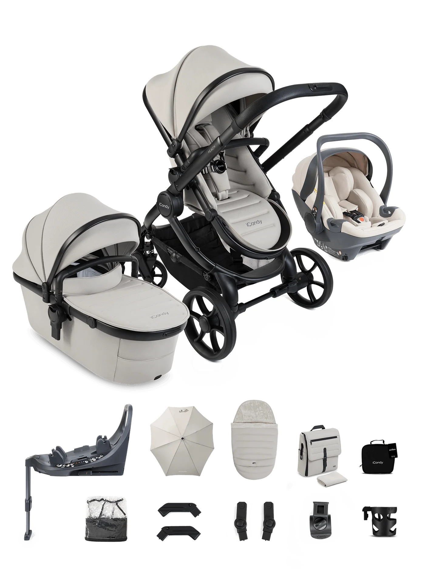 iCandy Peach 8 Taupe Pushchair and Carrycot - 360 Car Seat Pushchair Bundle