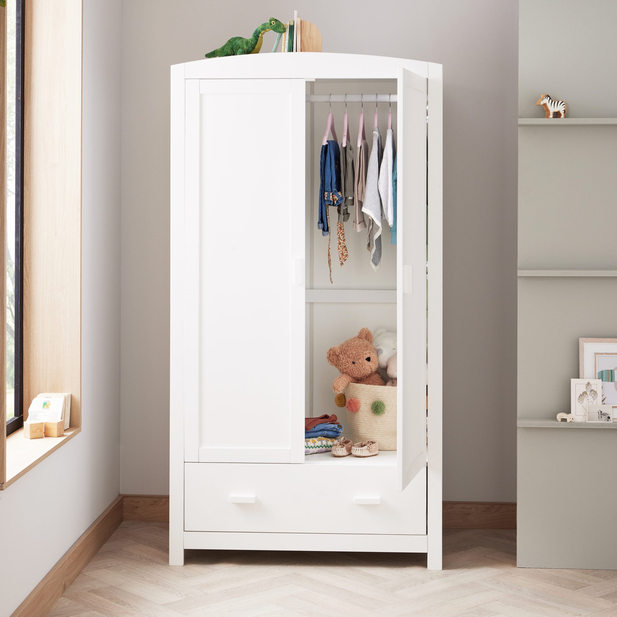 White nursery wardrobe store and drawers