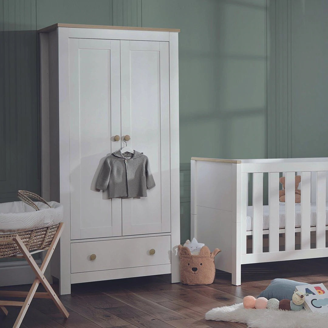 Cuddle Co Luna 3 Piece Nursery Furniture Set Cot Bed Dresser Wardrobe White Oak