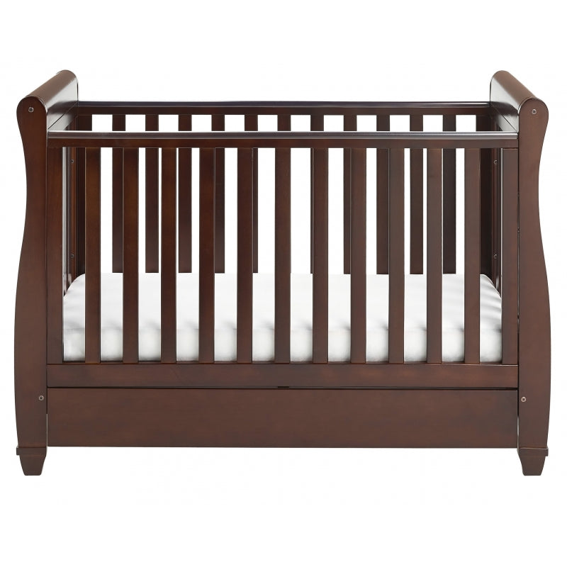 Babymore Eva Sleigh Cot Bed Drop side  with Drawer & cot top changer & foam mattress -Brown