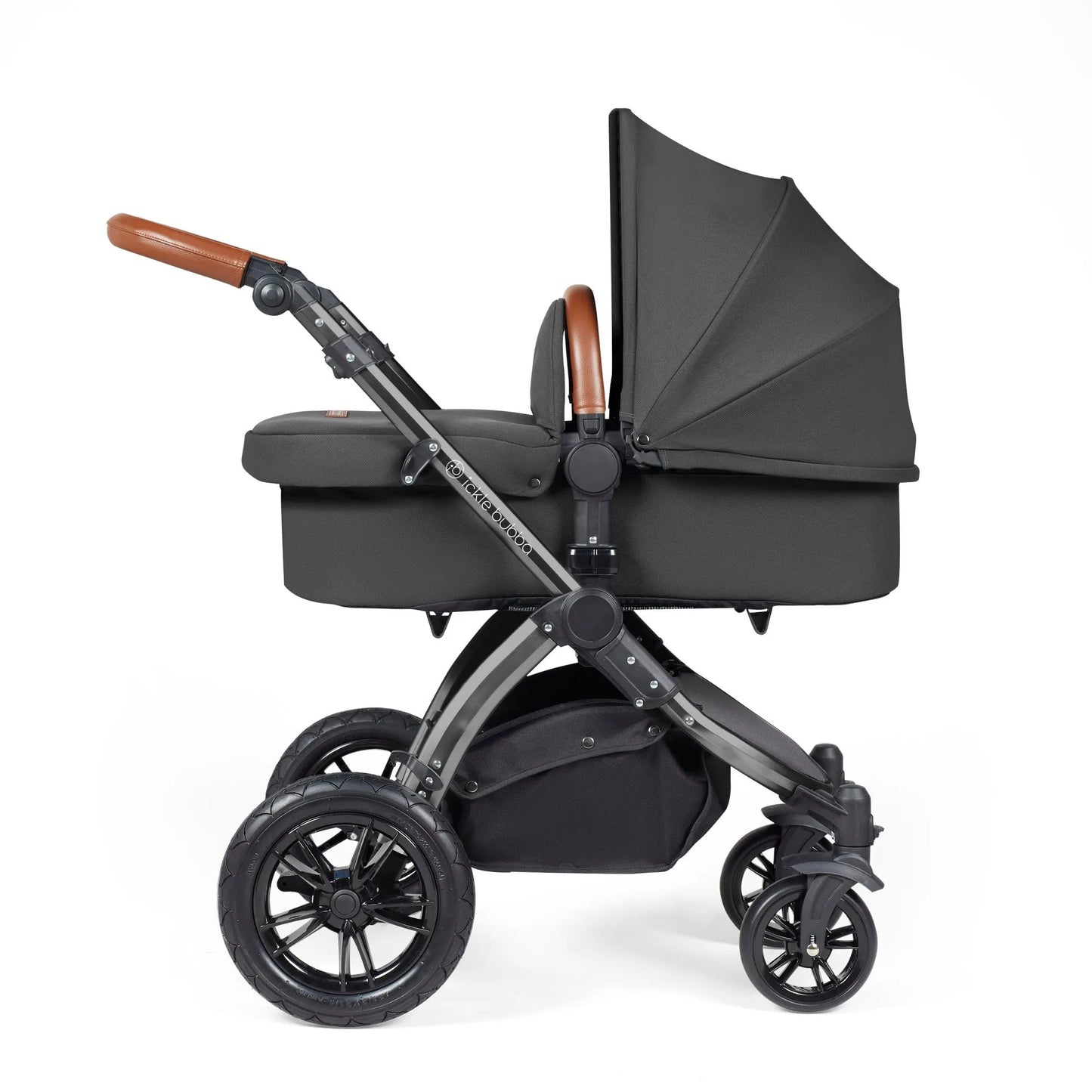 Ickle bubba Stomp Luxe All in One Premium i-Size Travel System with ISOFIX Base *Charcoal Grey  - Tan handle