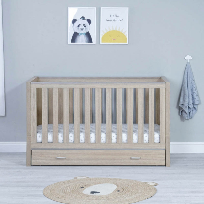 Babymore Luno Cot Bed Including Draw - Oak