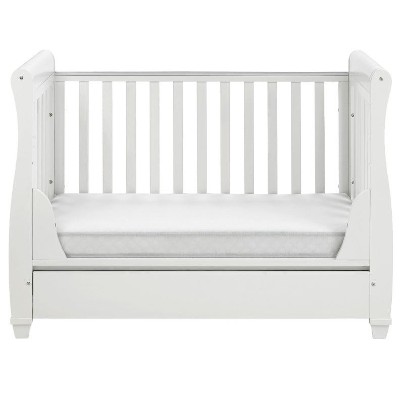 Babymore Eva Sleigh Cot Bed Drop side  with Drawer & cot top changer-White