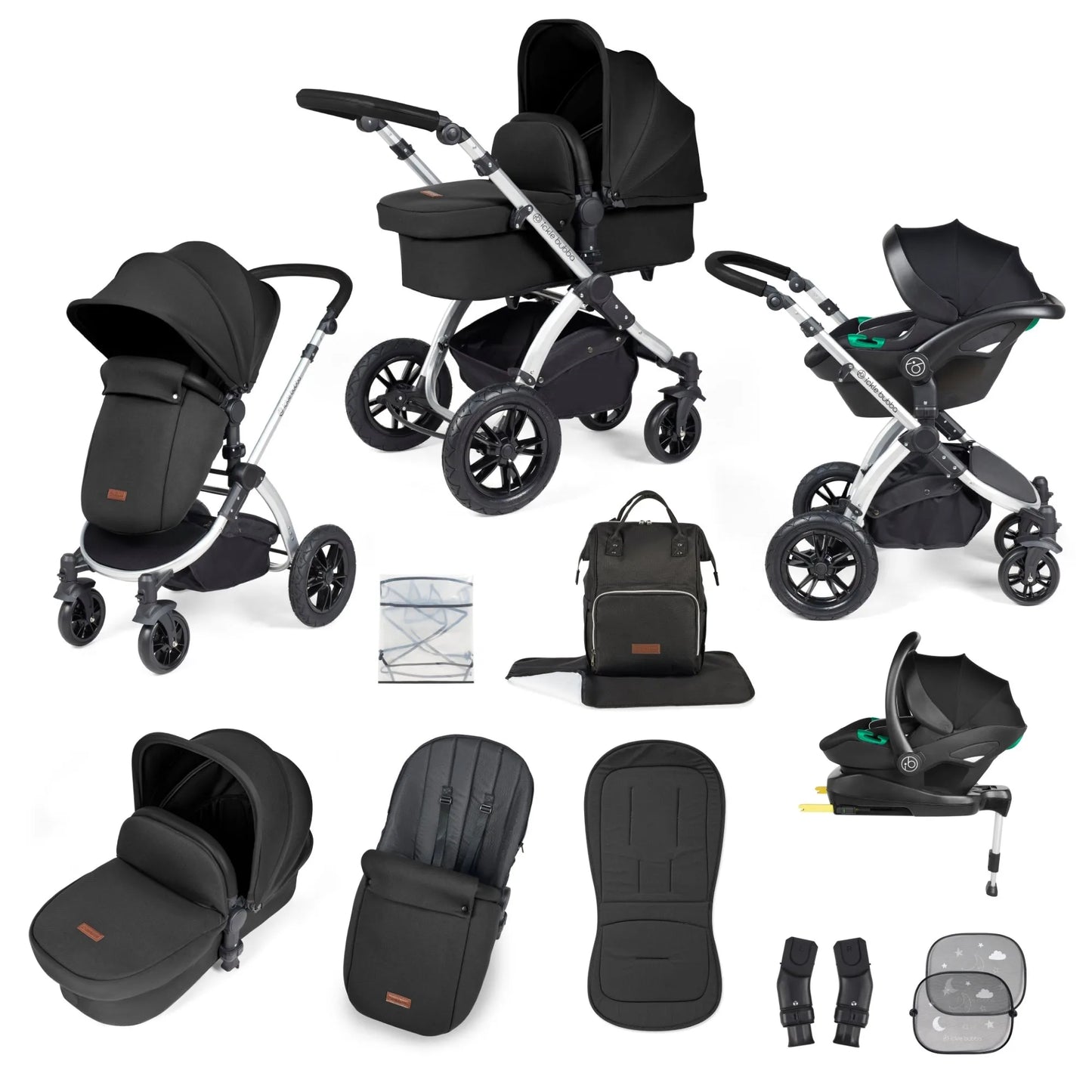 Ickle bubba Stomp Luxe All in One Premium i-Size Travel System with ISOFIX Base *Midnight - Black handle