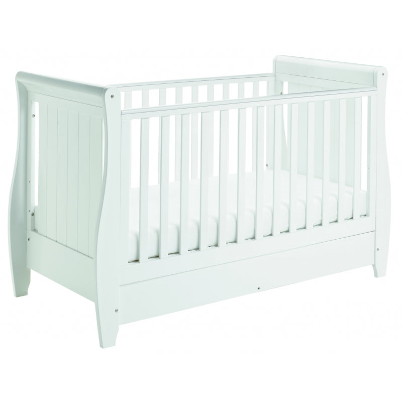 Babymore Stella Sleigh Drop Side  Convertible Cot Bed & cot top changer & foam mattress White