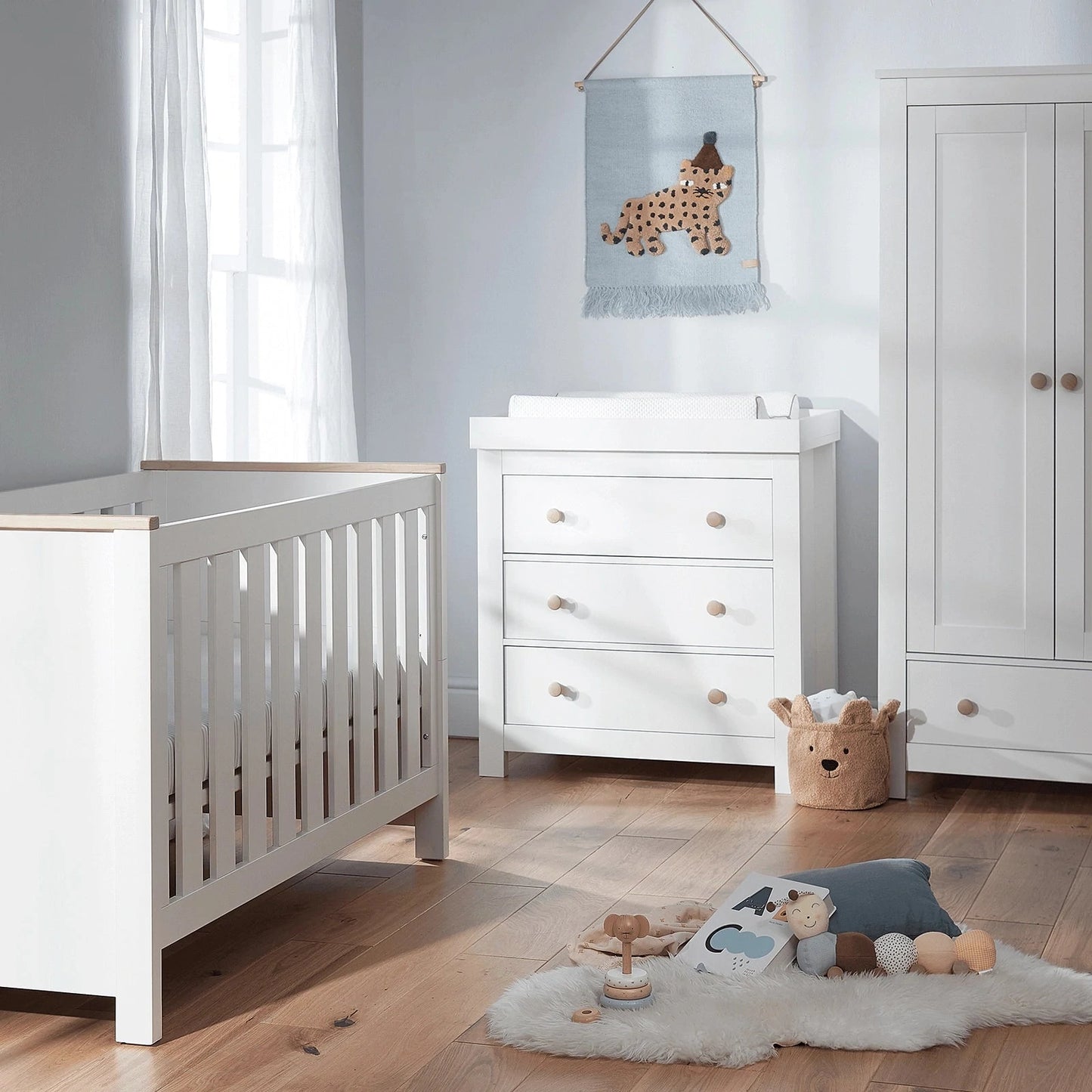 Cuddle Co Aylesbury 3 Piece Nursery Furniture Set (Cot Bed, Dresser & Wardrobe) - White & Ash