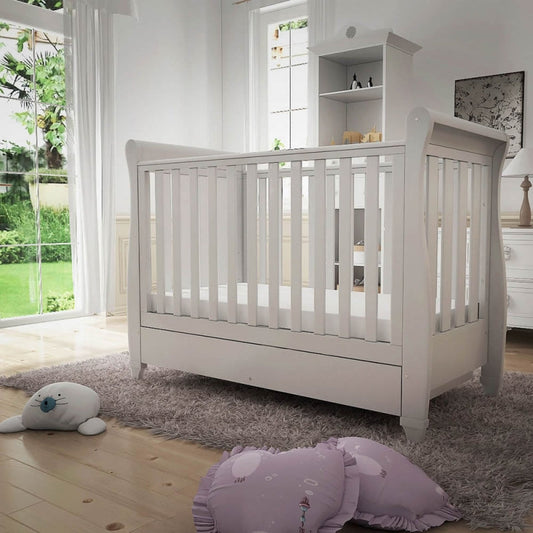 Babymore Eva Sleigh Cot Bed Drop side  with Drawer & cot top changer & foam mattress-White