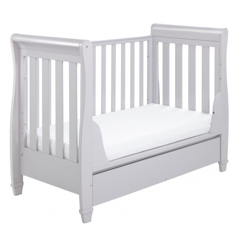 Babymore Eva Sleigh Cot Bed Drop side  with Drawer &  cot top changer -Grey